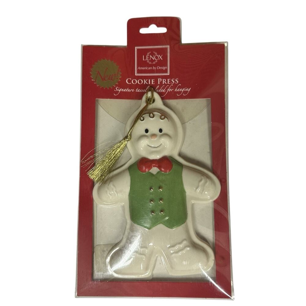 NEW Lenox Gingerbread Cookie Press Mold Ornament Green Vest Red Bow Tie 6"